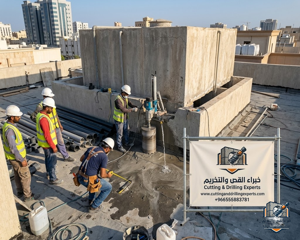 فتح كور خزانات بجدة باستخدام أجهزة الكور الماسي لتنفيذ تمديدات المياه والصرف والتهوية داخل الخزانات الخرسانية مع الحفاظ على سلامة العزل